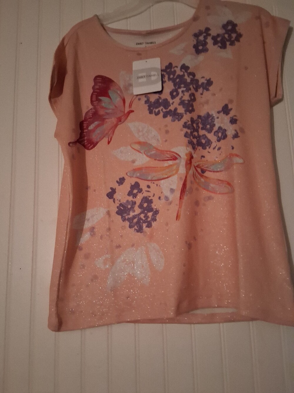 Peach Graphic Butterfly & Dragonfly Sparkle Top